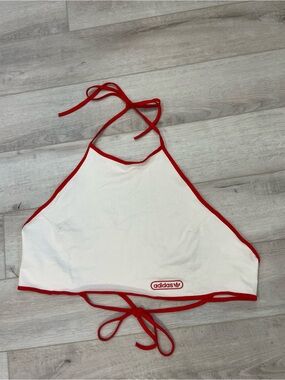 ADIDAS Cute Retro Cream & Red Open-Back Tie-up Halter Crop Top Size L